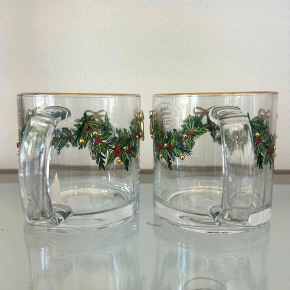 Hand Painted & Jeweled Thick Glass Mug Set of 2 Coquette Christmas Holly & Bows - Picture 11 of 16